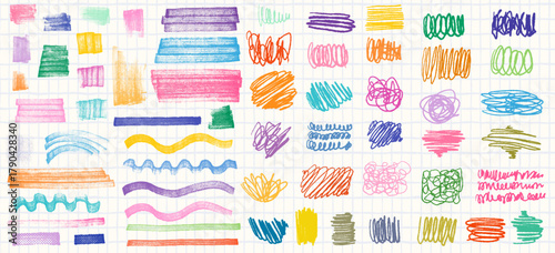 Vector hand painted pencil and crayon scribbles, colorful brush strokes and marks for collages and backgrounds