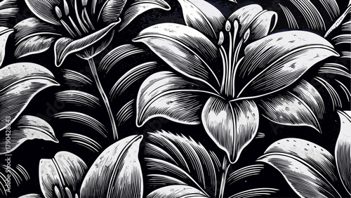 Stunning lilies in a monochrome botanical pattern, an elegant floral design that brings a touch of nature's beauty to any project, originally vector art