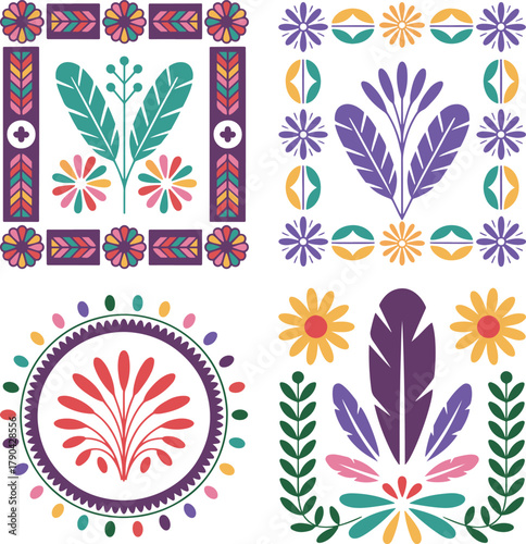 Set of embellished frames with central elements in traditional Peruvian colors. Festival Virgen de la Candelaria. National motif, feathers, floral accents vibrant colors. Cultural vector illustration