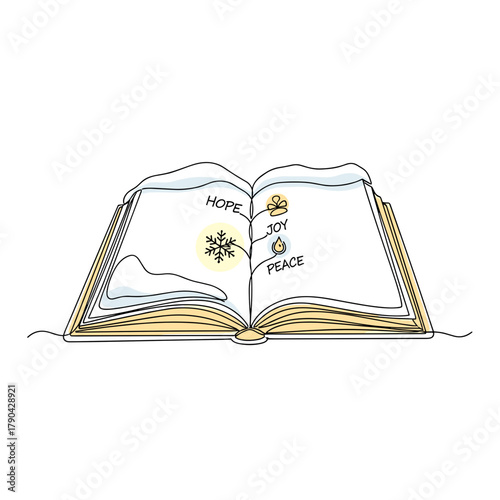 open book with snow and words hope, joy, peace for christmas sermons, spiritual blogs, holiday reading lists, and seasonal greeting card design