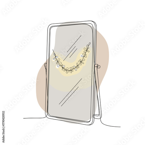line drawing of a vanity mirror reflecting a glowing string light garland for holiday home decor, seasonal product promotion, and aesthetic interior design blogs
