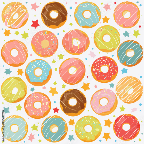 Colorful donut pattern with various designs and sprinkles, perfect for sweet treats and desserts