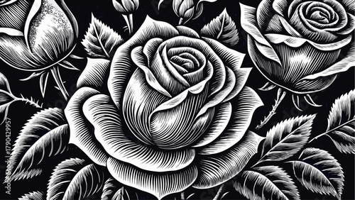 Stunning monochrome rose arrangement with delicate linework, perfect for elegant invitations, sophisticated designs, and classic decorative projects