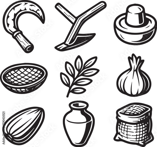 primitive farming tools black and white vector illustration.eps