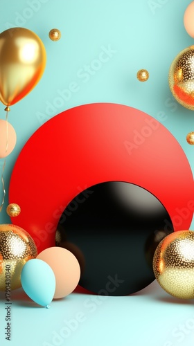 Colorful Decoration Setup With Balloons and Round Display for Party Event Cel...