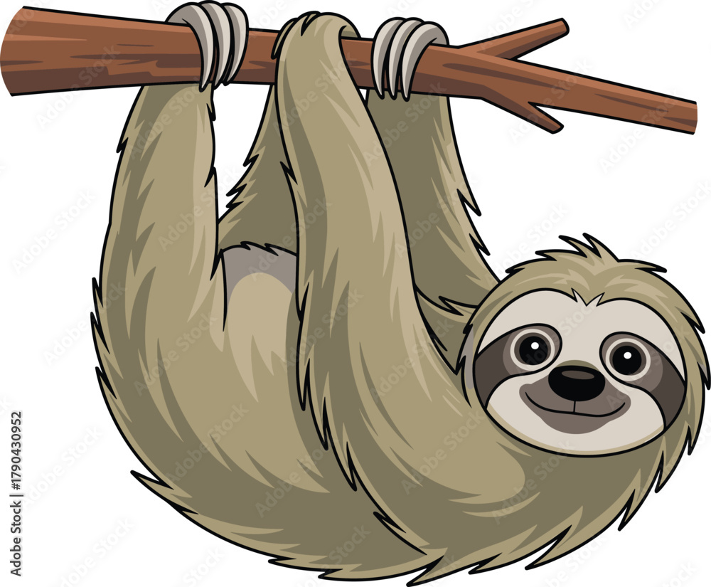 Naklejka premium Cute cartoon sloth hanging on tree branch, funny jungle animal illustration, adorable lazy wildlife character, tropical rainforest art, vector drawing