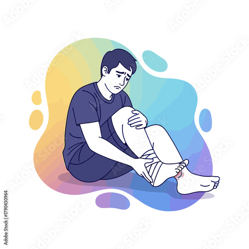 young man sitting with a painful ankle injury and knee discomfort for medical blogs, physiotherapy websites, health presentations, and injury prevention materials