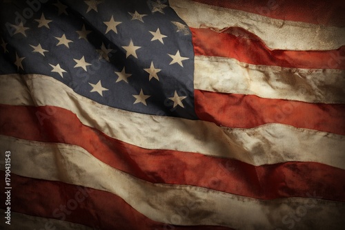 Worn American Flag Displayed With Vibrant Colors and Prominent Stars Showcasi...
