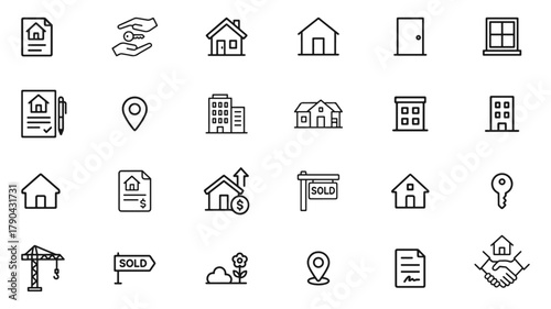 Outline Real Estate Vector Icon Set – Minimal Line Icons of Houses, Apartments, Keys & City Skyline