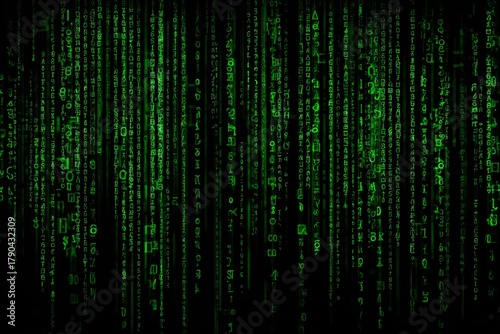 Digital Rain Displays Flowing Green Characters Against a Dark Background in a...