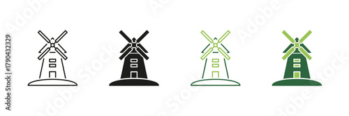 Windmill Line And Solid Icon Set. Renewable Energy And Sustainable Agriculture Symbol Collection. Traditional Wind Power And Eco-Friendly Technology Representation. Isolated Vector Illustration