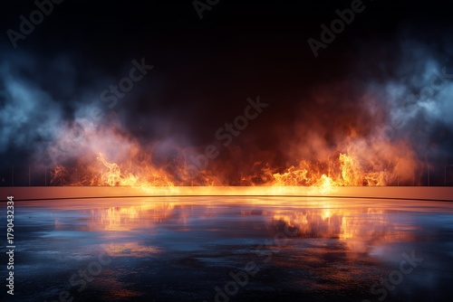 Fire and Smoke Create Dramatic Atmosphere on Ice Rink at Night