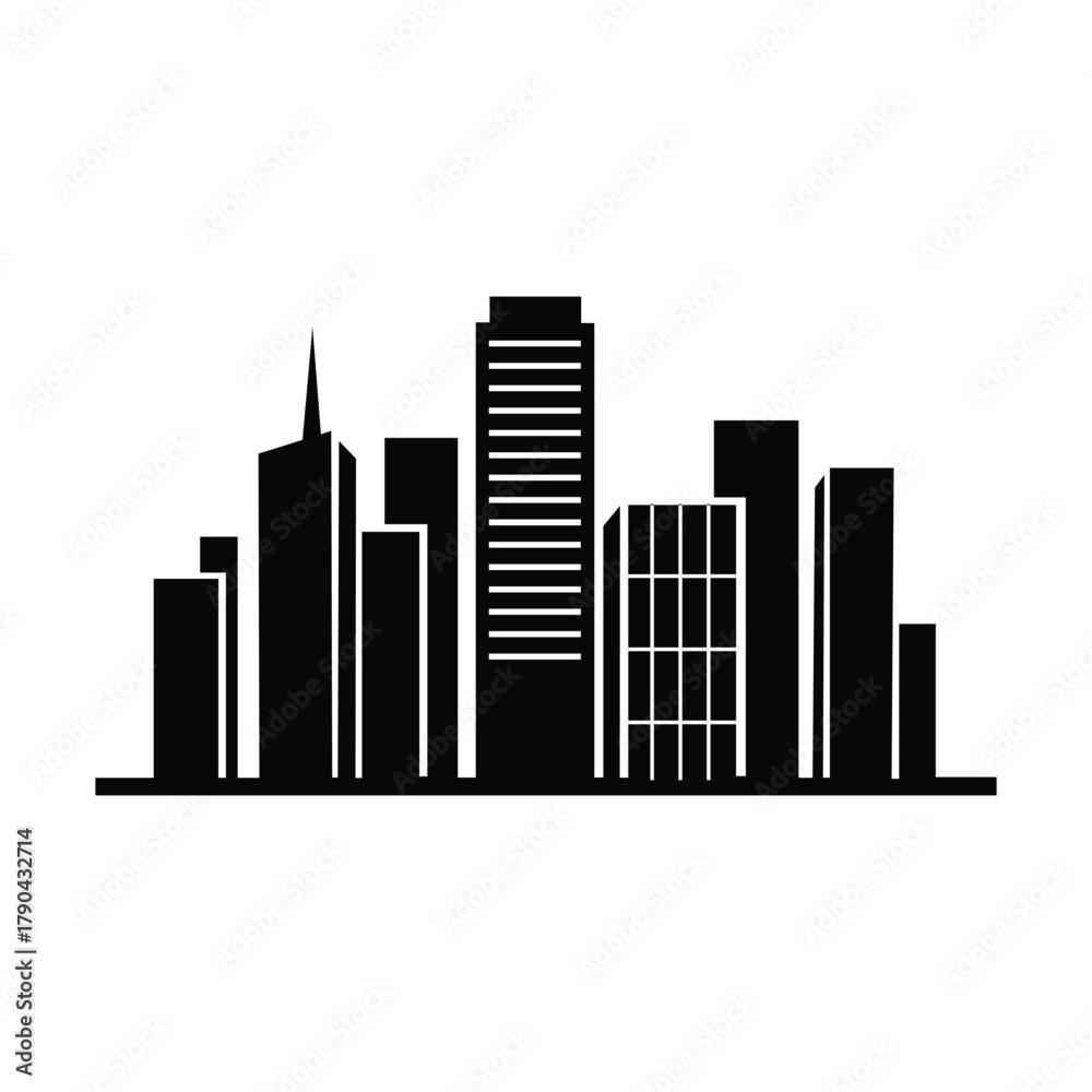Naklejka premium City Skyline Silhouette with Castle, Clock Tower, Church, and Modern Skyscrapers – Black Icon of Urban Heritage and Architectural Contrast