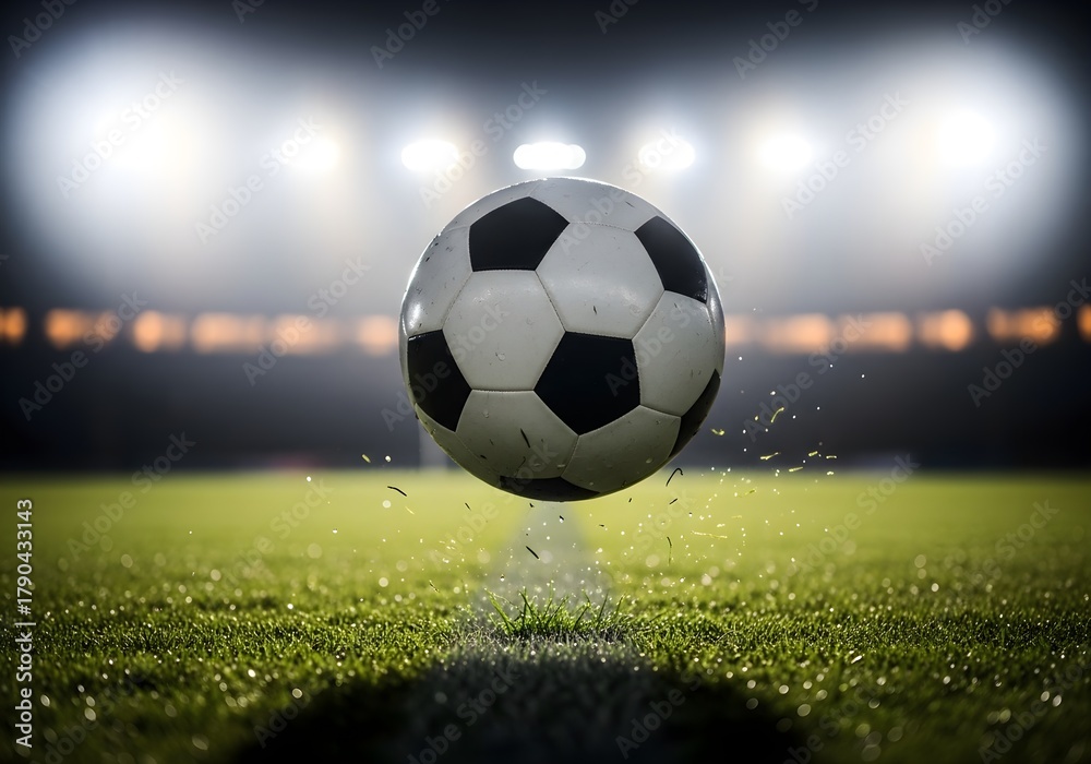Fototapeta premium Soccer ball flying above grass field under stadium lights during night match