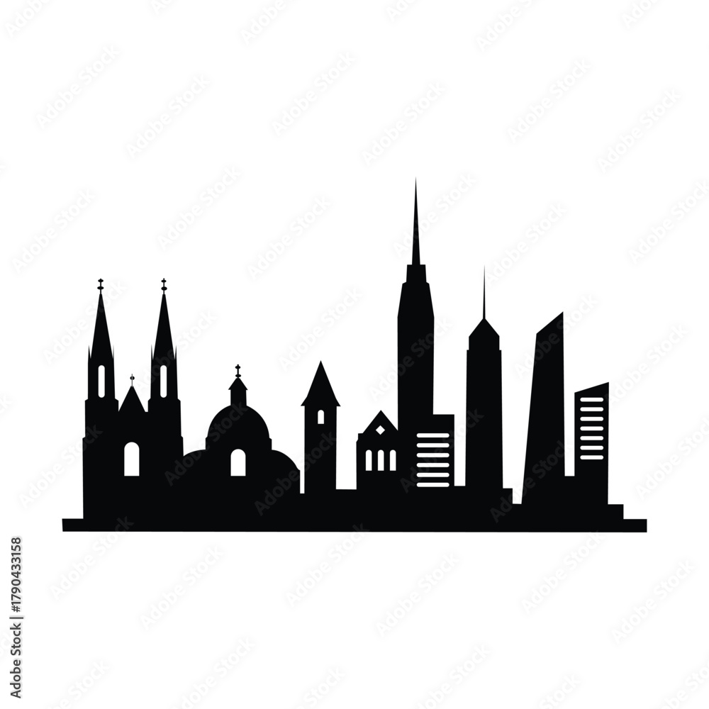 Fototapeta premium City Skyline Silhouette with Church Spires and Skyscrapers – Minimalist Black Icon of Urban Heritage and Modern Architecture