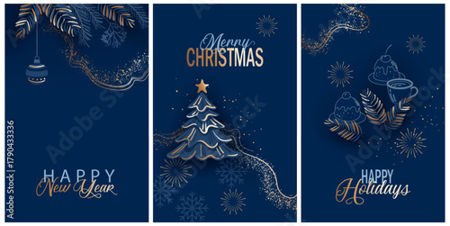 Set of Merry Christmas and Happy New Year banners. Luxurious congratulatory navy blue banner with gold glitter. Christmas tree, cup of tea, cakes and decorations