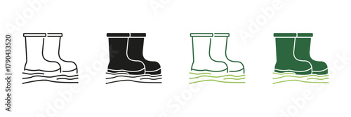 Rubber Boots In Water Line And Solid Icon Set. Waterproof Footwear And Outdoor Protection Symbol Collection. Ideal For Rainy Weather And Gardening. Isolated Vector Illustration
