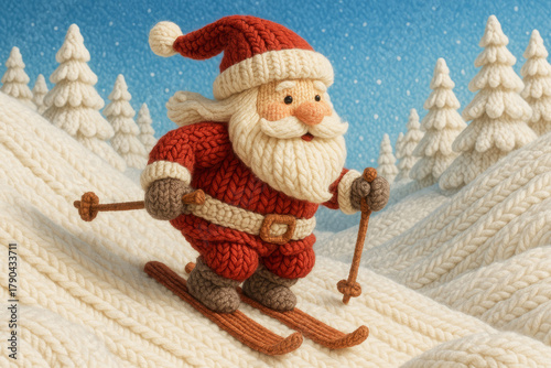 Santa Claus in knitted textures, skis down a snowy mountain. His hat, sweater, and skis are all hand-knitted. Even the snowdrifts look like large knitted rugs, creating a sense of magical winter.
