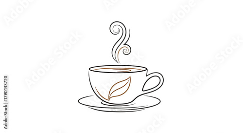 Warm cup of steaming tea on a saucer with a leaf design, perfect for relaxation.
