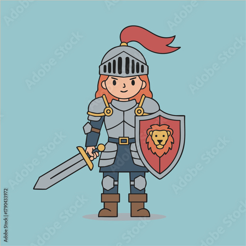 Female Knight Character in Armor. Minimal Flat Vector with Sword and Shield
