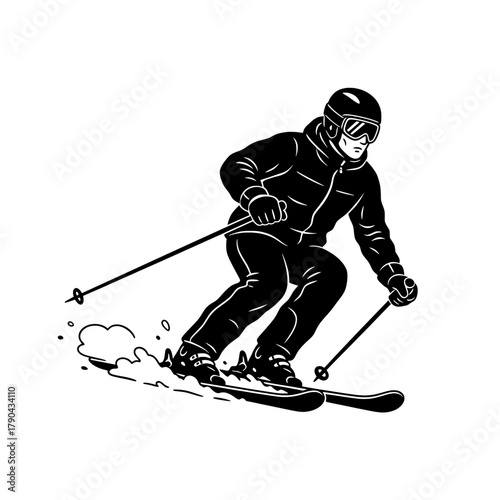 Black and white illustration of a skier racing downhill on a snowy slope, symbolizing winter speed, strength, precision, and athletic excellence