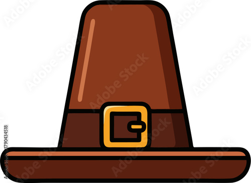 Vector illustration of a traditional brown Thanksgiving pilgrim hat with a gold buckle, an autumn holiday symbol isolated on a white background. 999-24