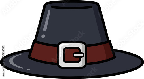 Flat icon of a pilgrim hat with a buckle on a white background for Thanksgiving or historical representation