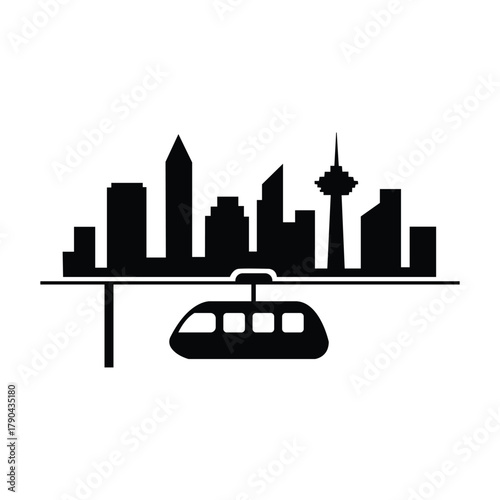  City Skyline with Suspended Monorail – Minimalist Black Silhouette of Urban Transit and Modern Architecture