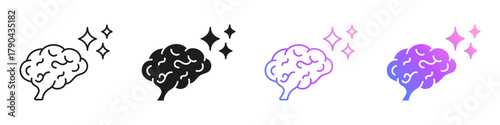 Brain Side View With Sparkles Line and Solid Icon Set. AI Neural Thinking And Cognitive Process Symbol Collection. Isolated Vector Illustration