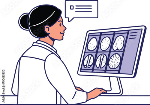 Female radiologist attentively analyzing a series of detailed brain or medical scans displayed on a computer screen.