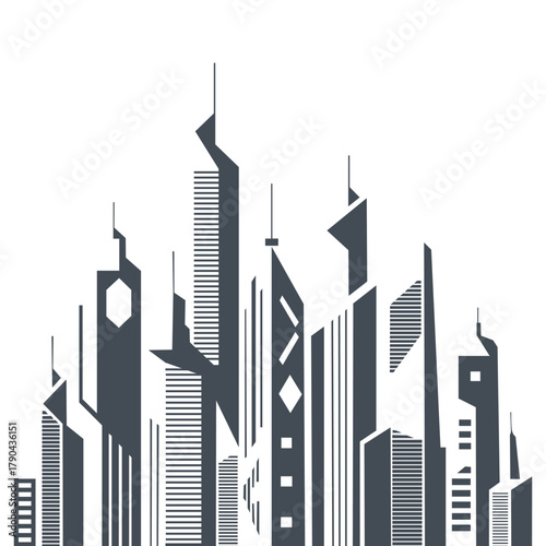 Futuristic City Skyline Silhouette – Minimalist Black Icon of Urban Innovation and Modern Architecture