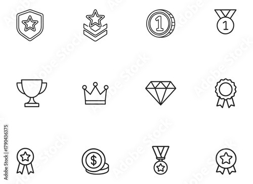 Reward and Achievement Vector Icons – Outline Badges, Coins, and Certificates Set