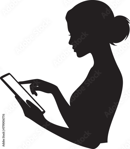 Woman Using Tablet Silhouette — Black Vector Illustration of Female Touching Screen for Technology and Digital Design