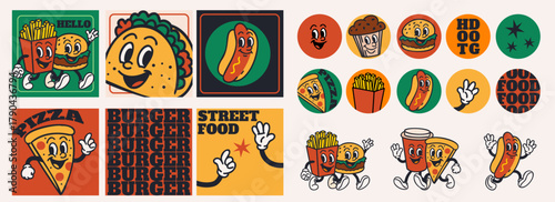 Fast food cards and labels. Vintage mascot. Pizza, funny burger and hot dog. Taco Mexican, sweet muffin and ice cream. French fries snack. Square posters or post. Vector cartoon flat isolated set