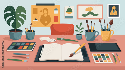 Artist desk with open sketchbook paints and brushes
