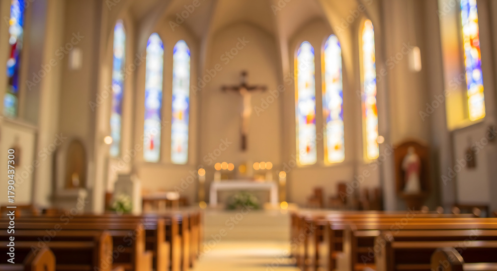 Fototapeta premium Blurred interior of a sacred church with pews leading to a luminous altar and colorful stained glass windows, evoking a sense of spiritual tranquility and solemn contemplation