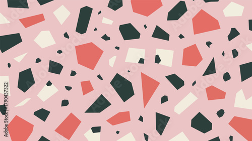 Pink terrazzo pattern with dark green coral and cream shapes