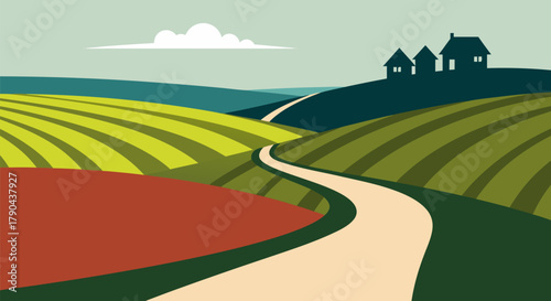 Serene country landscape with rolling hills, a winding path, and distant homes under a cloudy sky