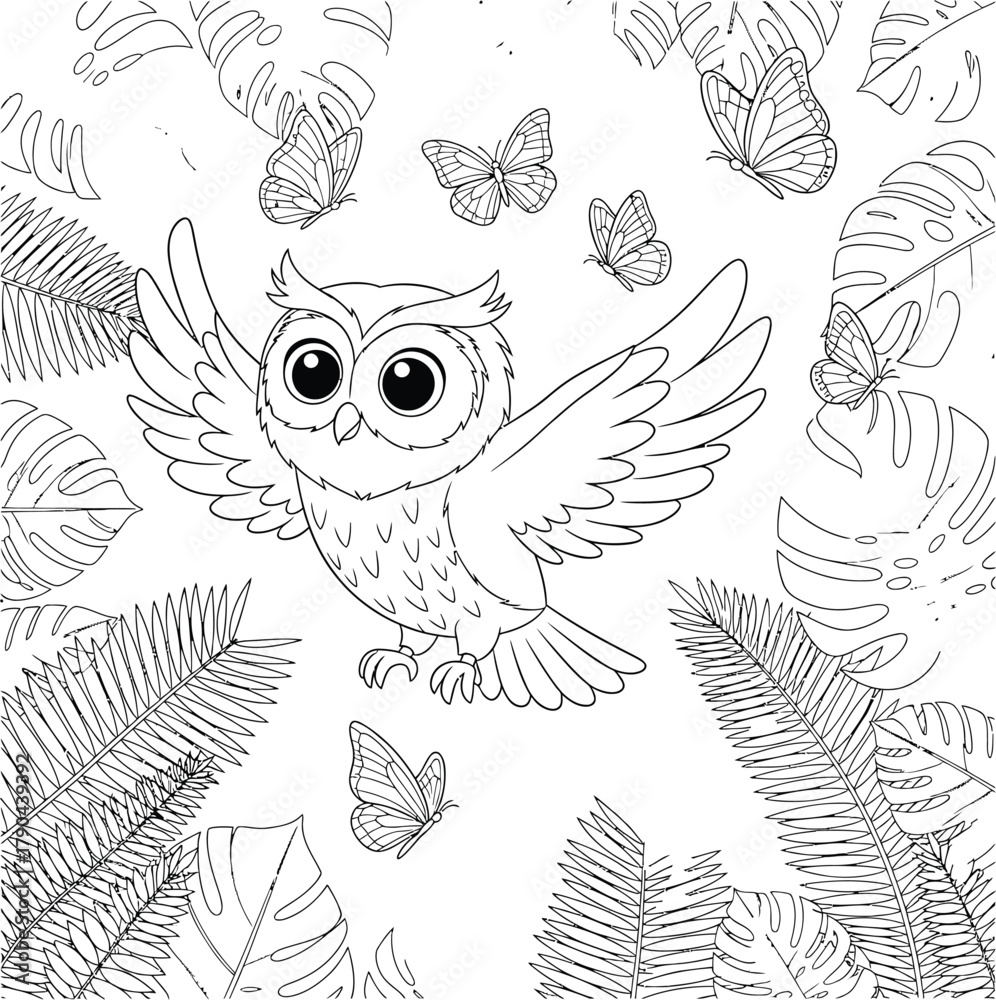 Obraz premium Cute Flying Owl with Butterflies and Tropical Leaves Coloring Page