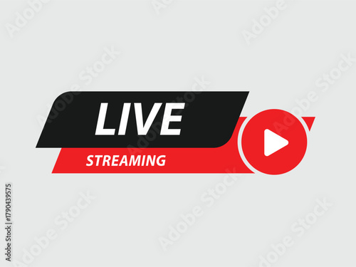 Graphic illustration of a "Live Streaming" banner with a play button icon, presented in black, red, and white against a light gray background.