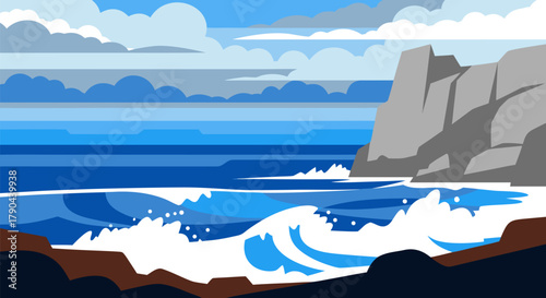 Vast ocean waves crash against rugged cliffs under a dramatic cloudy sky, depicting nature's powerful coastal beauty