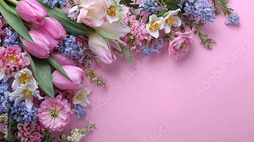 Fototapeta Naklejka Na Ścianę i Meble -  Pink tulips white daffodils blue hyacinths and pink peonies arranged romantically