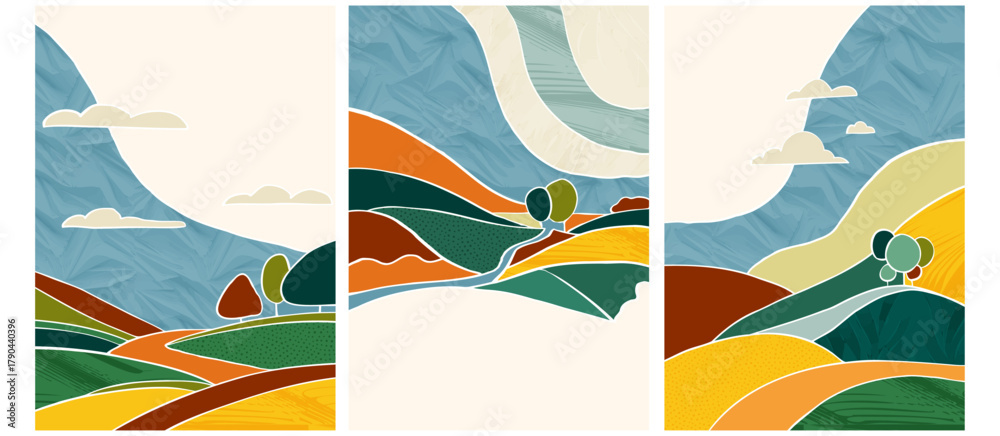 Fototapeta premium Abstract agriculture field or farm card background. Vineyard valley pattern, spring countryside landscape, ecology poster template. Summer nature backdrop, organic design set, eco green flyer layout