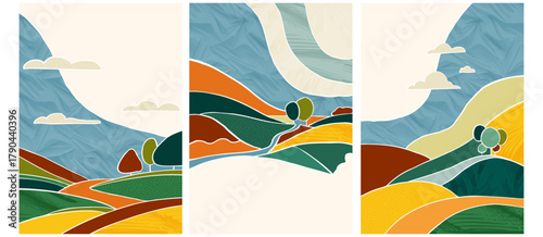 Abstract agriculture field or farm card background. Vineyard valley pattern, spring countryside landscape, ecology poster template. Summer nature backdrop, organic design set, eco green flyer layout