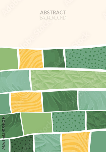 Abstract green paper shape for collage or pattern. Eco garden, field, nature design vector background. Contemporary rectangle pieces composition. Geometric organic applique, patchwork ornament