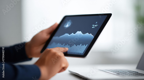 Focused business professional using tablet for data analysis. hand touching screen showing finance chart and graph. Modern technology for corporate strategy