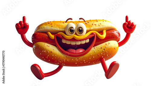 A funny hotdog mascot with arms, legs, and a happy face, in retro vintage cartoon design with bold colors and rubber hose limbs, isolated on a transparent background.