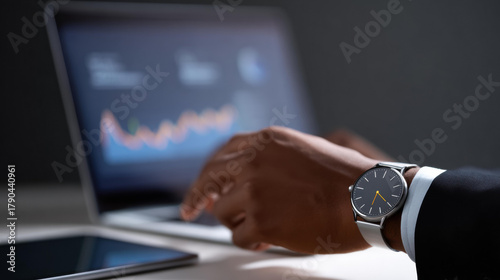 Focused businessman with watch on his hand performs market analysis on laptop. man reviews stock chart with financial data for investment strategy and planning