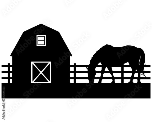 Black silhouette of a horse grazing beside a barn and fence isolated on white background