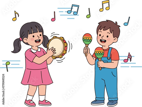 Kids playing musical instruments children having fun with music
